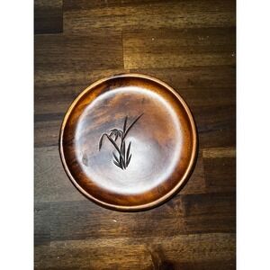Vintage Korean Wood Plate Tray Dish Floral Etched Serving Decor Rustic